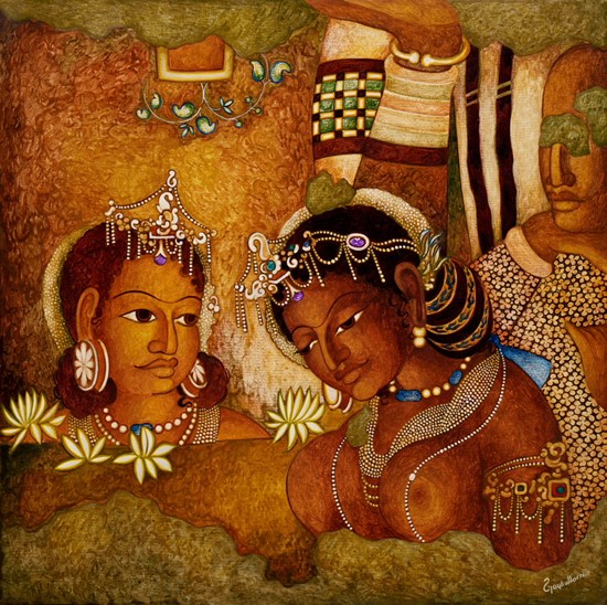 Princess with Sakhi (Ajanta series), painting by Vijay Kulkarni