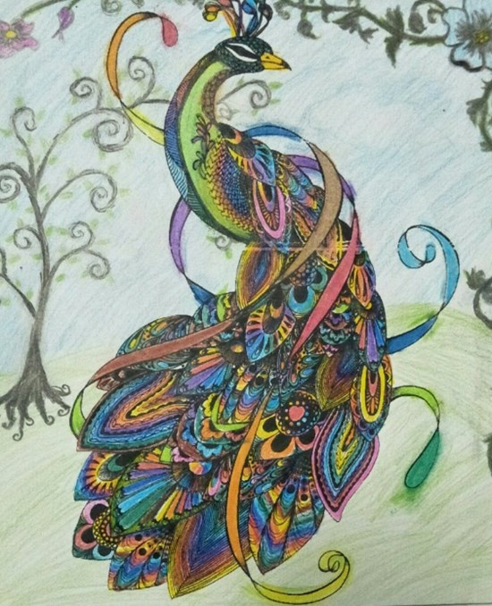 Colourful peacock, painting by Vijayashree Kakubal