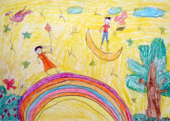 Painting  by Damini Sanjay Patara - Boy and Girl Playing on sky