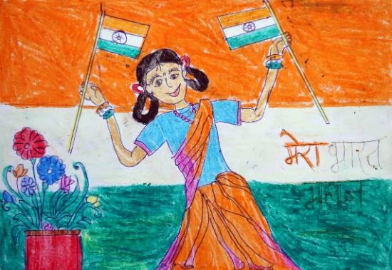 Girl with Indian Flags, painting by Ujwala Janu Thakare