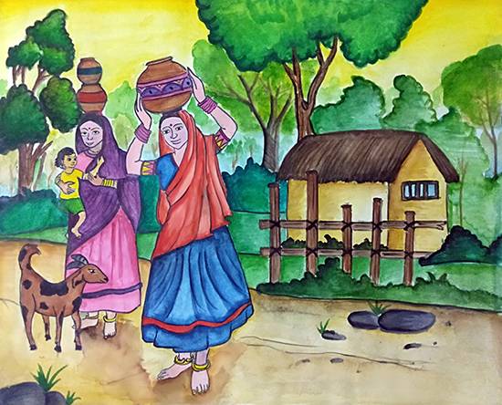 Painting  by Shreya Priyadarshi - Village scene 1