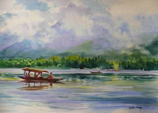 Dal Lake, Kashmir, painting by Chitra Vaidya