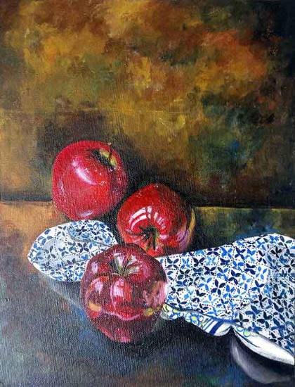 Kashmir and apples love, painting by Nusrat Fayaz