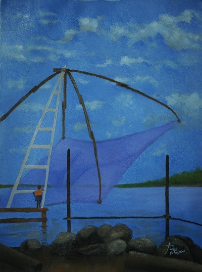 Chinese Fishing Nets, Kochi, painting by Arun Akella