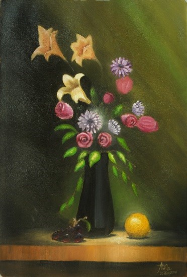 Still Life with Orange and Flowers, painting by Arun Akella