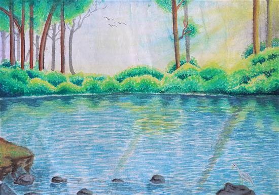 Landscape of river scenery, painting by Aditya Mhaske