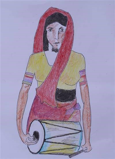 Drum player lady, painting by Madhuri Savate