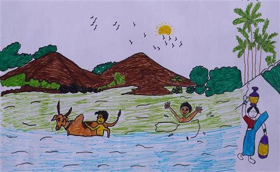 Bath in river, painting by Gajanan Kalaskar