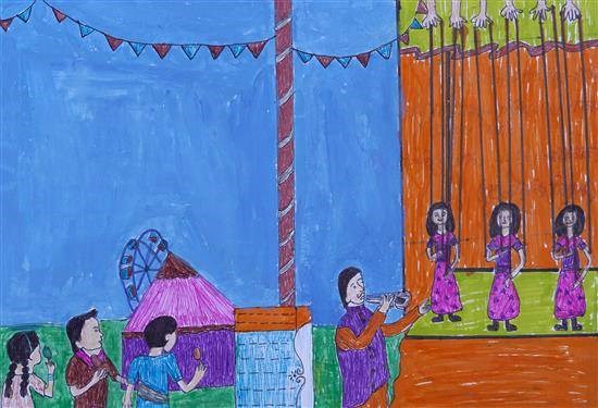 Children enjoying puppet show, painting by Ankita Khadake