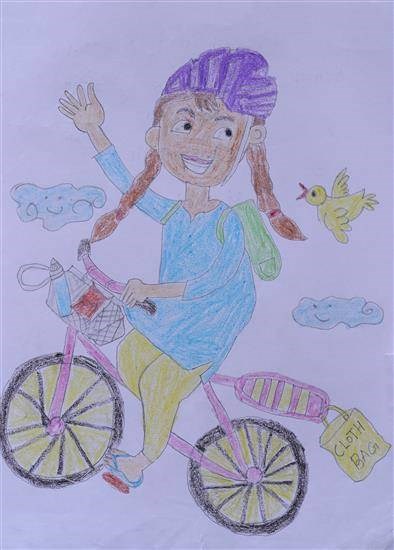 A Bicycle rider girl, painting by Rakesh Kirange