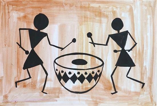 Drum players playing drum, painting by Sushama Sasane