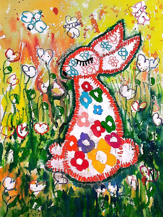 Little bunny in flower garden, painting by Zareer Hasan Ayaan