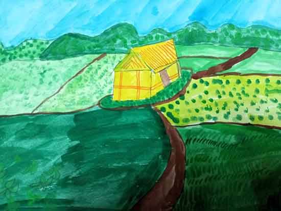 Painting  by Yazhisai R - A Field with small hut