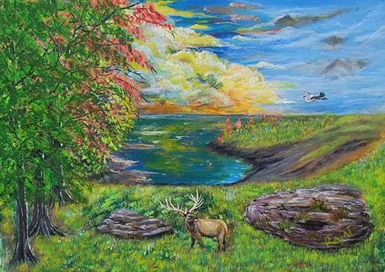 Elk & Rock, painting by Rajat Kumar Das