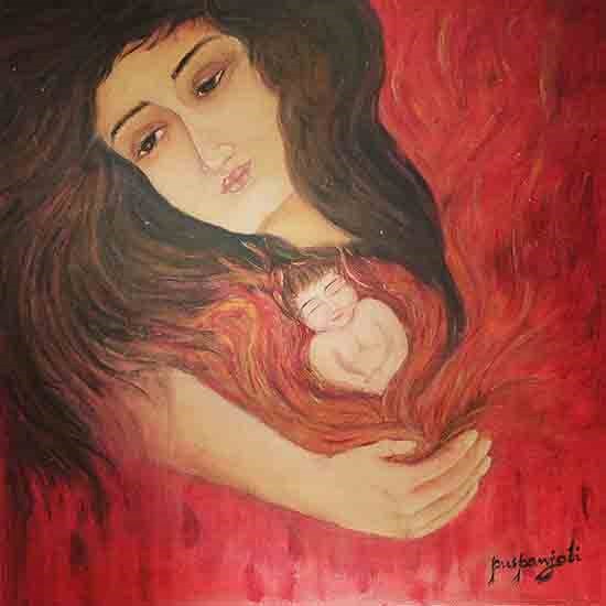 Love & pain of a mother in upbringing a child, painting by Puspanjali Sharma