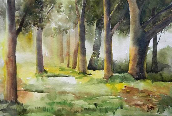 Morning in wood, painting by Jitendra Sule