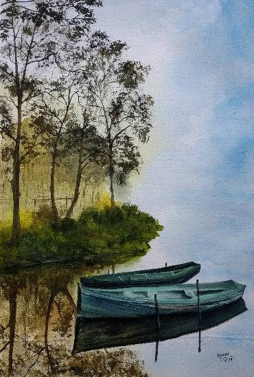 Docked in the shadow of trees, painting by Dr Kanak Sharma