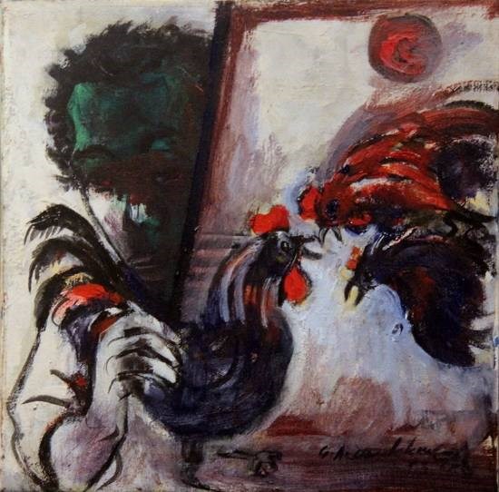 Cock fight, painting by G A Dandekar
