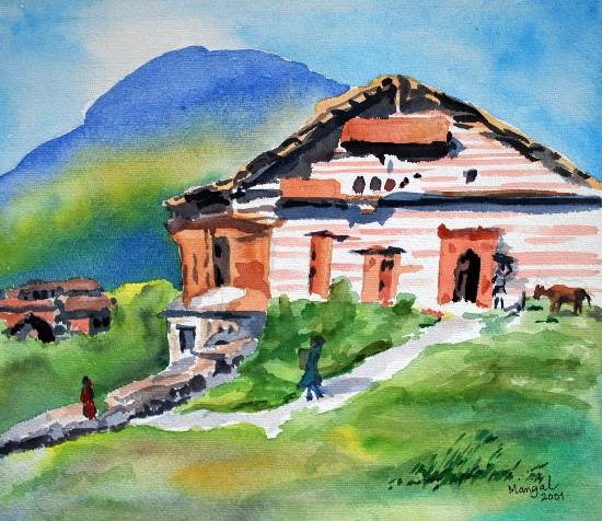 By the hills, Himachal Pradesh, painting by Mangal Gogte