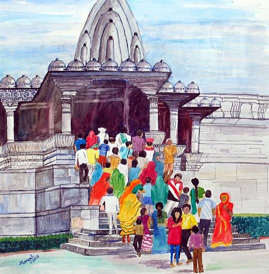 Rushing to pray, painting by Mangal Gogte