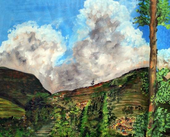 Rainclouds pass by, Ooty, painting by Mangal Gogte