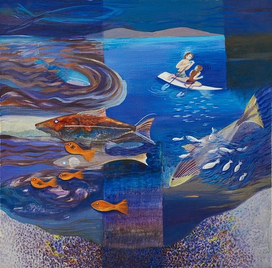 Kayak Ride & Feuod Fishes, painting by Asmita Jagtap