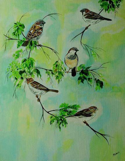 Five little sparrows, painting by Madhavi Srivastava