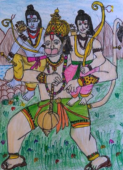 Painting  by Hanshal Banawar - Hanuman carrying Ram and Lakshman