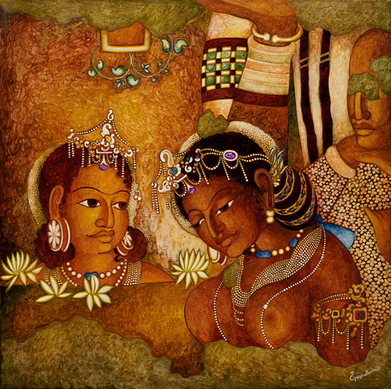 Painting by Vijay Kulkarni - Princess with Sakhi (Ajanta series)