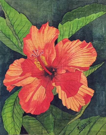 Painting by Pushpa Sharma - Red-yellow hibiscus