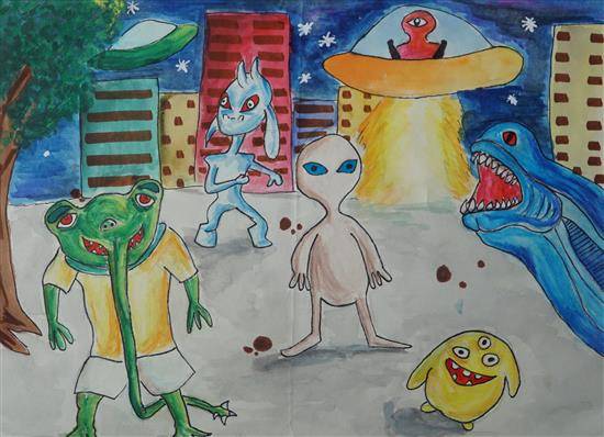 Painting by Aayush Bhogale - Aliens on Earth