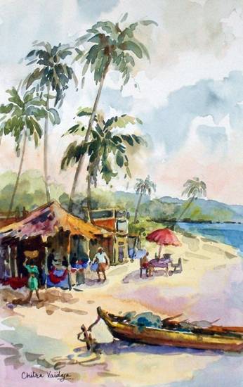 Painting by Chitra Vaidya - Life on Seashore