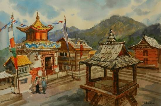 Painting by Chitra Vaidya - Temple in Himachal