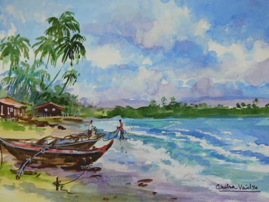 Painting by Chitra Vaidya - Life at Seashore