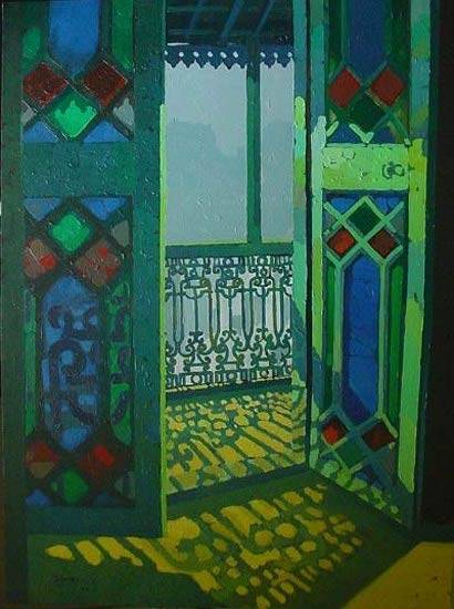 Painting by Anwar Husain - Door & Balcony (Nostalgia series)