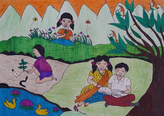Painting by Lata Gaikwad - Friends enjoying holidays