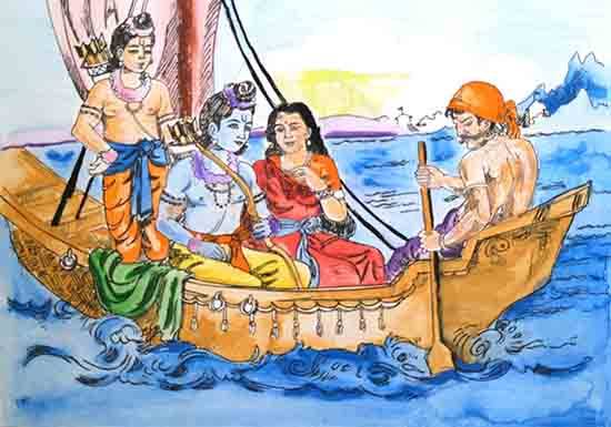 Painting by Chinmayi Lokhande - Crossing river Ganga with Kevat.