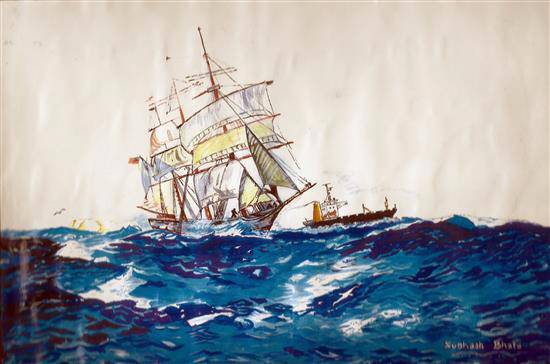 Painting by Subhash Bhate - Sailing ship & Bulker