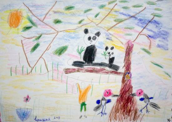 Painting by Hamsini Aswin - Pandas and Little Birdies