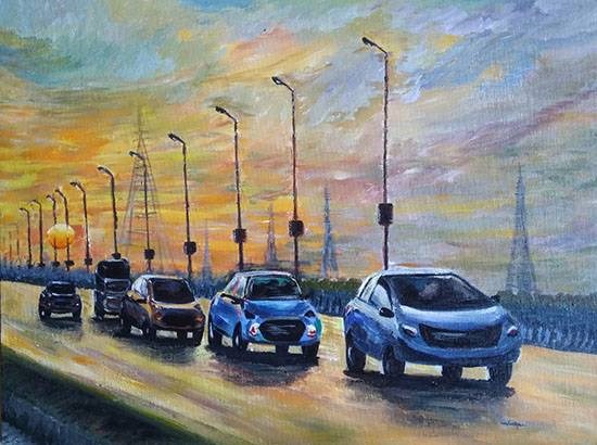 Glimpses of Mumbai – Sunset @ Vashi Bridge, painting by Varsha Shukla