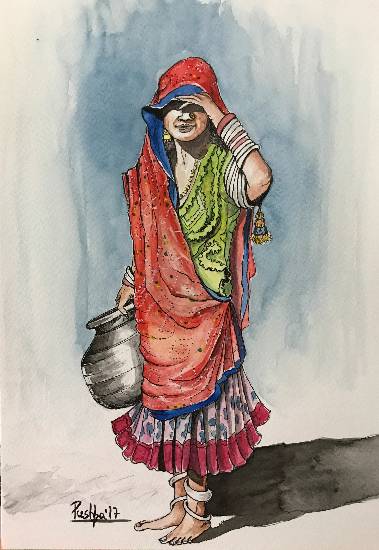 Black and white drawing of an indian woman in a sari with a rolling pin on  Craiyon