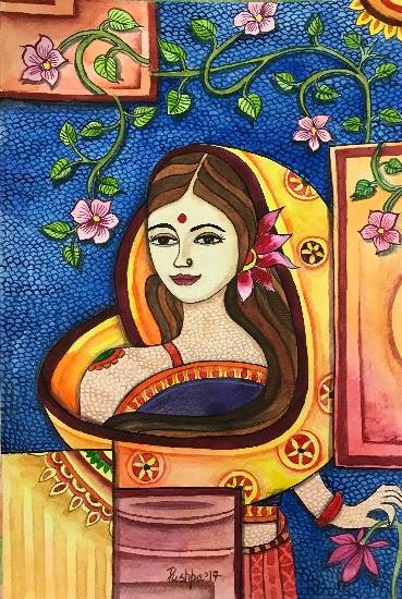 Indian Woman with Madhubani Touch Painting by Pushpa Sharma