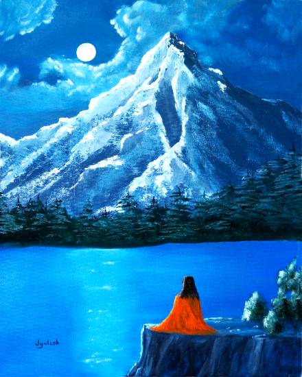 mountain and moon painting