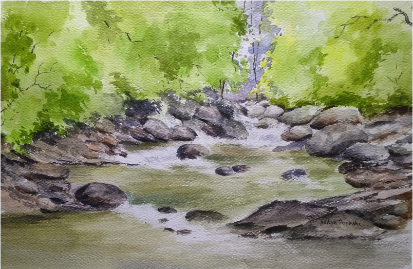 Painting  by Aditya Ponkshe - Waterfall near mulshi