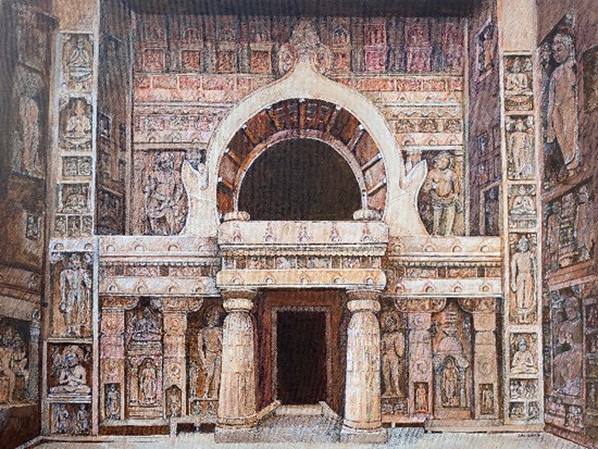 Ajanta cave no.19 entrance, painting by Sandhya Ketkar