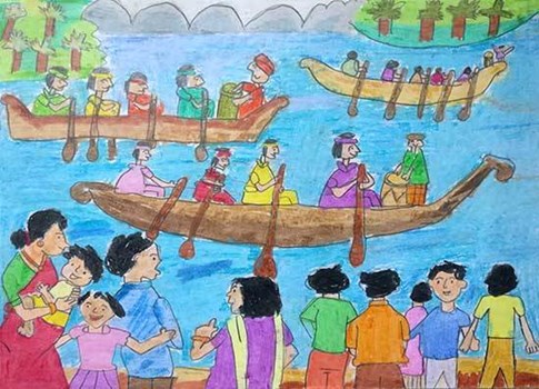Boat Race Painting: Dẫn mắt quan sát đến những bức tranh lấy cảm hứng từ các cuộc đua thuyền truyền thống. Sắc màu vàng rực rỡ của những chiếc thuyền tạo nên một hình ảnh tươi mới cùng những nét vẽ tưởng chừng đơn giản nhưng nó lại chứa đựng nhiều cảm xúc và sáng tạo.