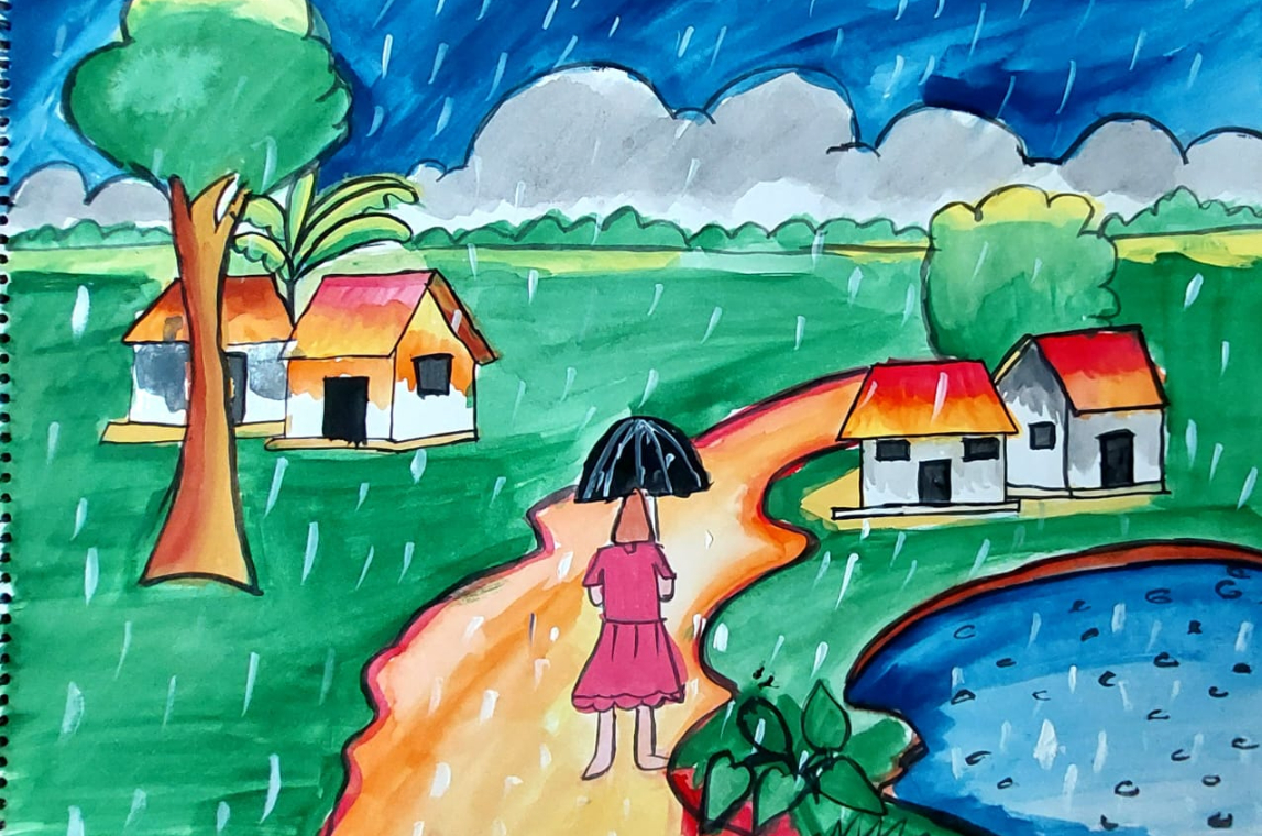 Rainy Day in a village Painting by Shreya Singh