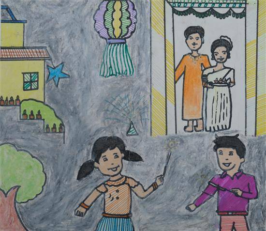Diwali Festival Scenery Drawing with Oil Pastels