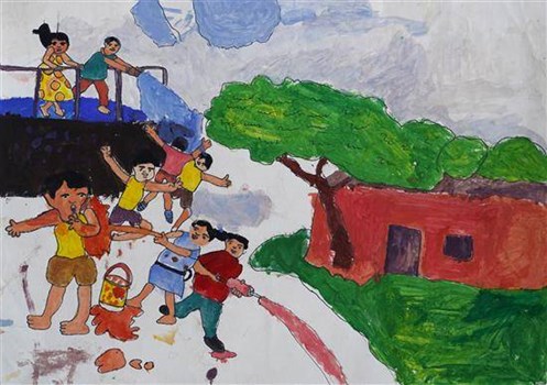 Children playing Rang Panchami Painting by Sagar Choukhe