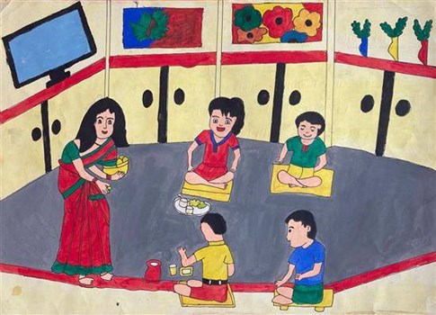 Friends enjoying lunch together Painting by Supriya Jambhule